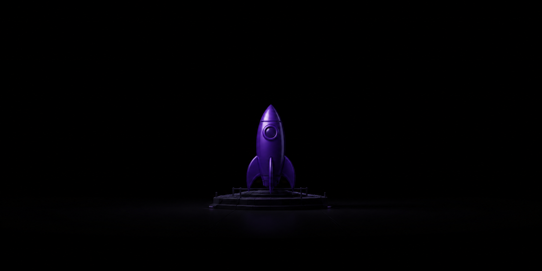 A purple rocket standing quietly on a dark launch pad.
